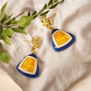 NEW 14K yellow gold plated blue and gold triangle drop earrings jewelry B29A